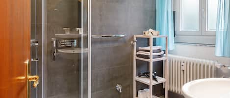 Shower, hair dryer, towels
