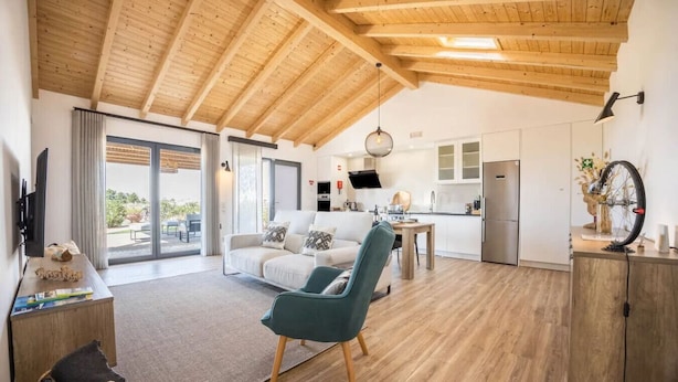 A spacious living area with a wooden ceiling, a sofa, a dining table, and a kitchen in the background.
