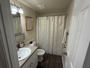 Hair dryer, towels, soap, toilet paper