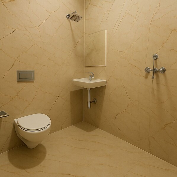A bathroom with a toilet, sink, and shower. - Let'stay- Vaishali Nagar Jaipur (Jaipur)