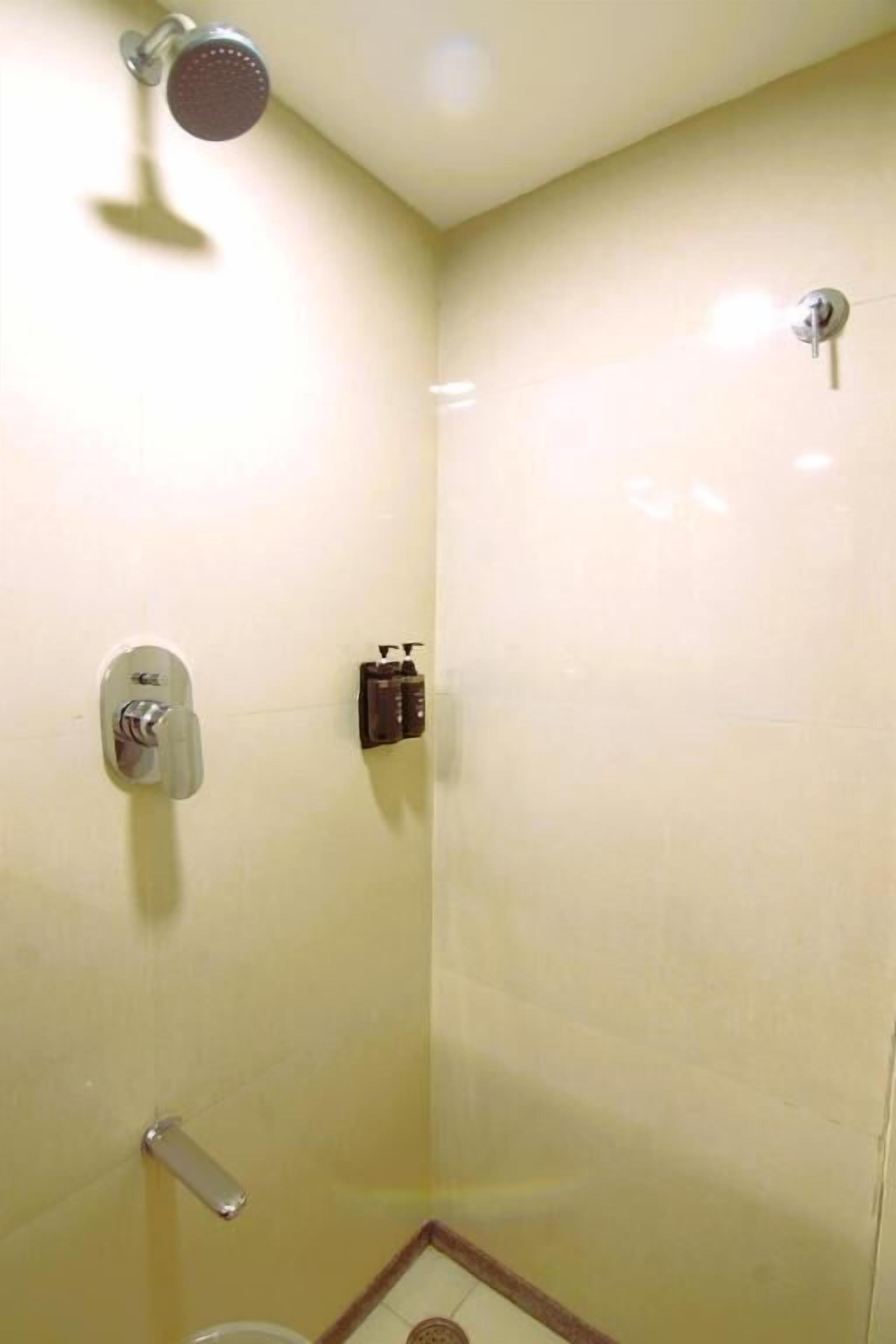 Una doccia con soffione manuale, rubinetto a parete e water.