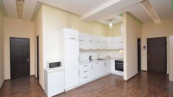 Apartament Deluxe | Cuina privada | Microones, placa de cuina, rentaplats i cafetera i tetera