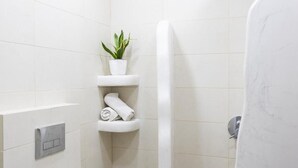 A modern bathroom with a shower, toilet, and a small shelf with a plant and rolled towels.