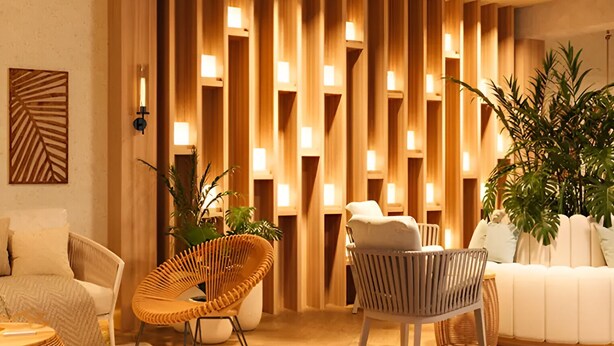 Una sala de estar moderna con un panel de madera, dos sillones de mimbre, un sofá blanco y una planta grande en maceta.