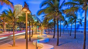 Eine Uferpromenade mit Palmen, einem gewundenen Weg und einer Straße mit Lichtspuren.