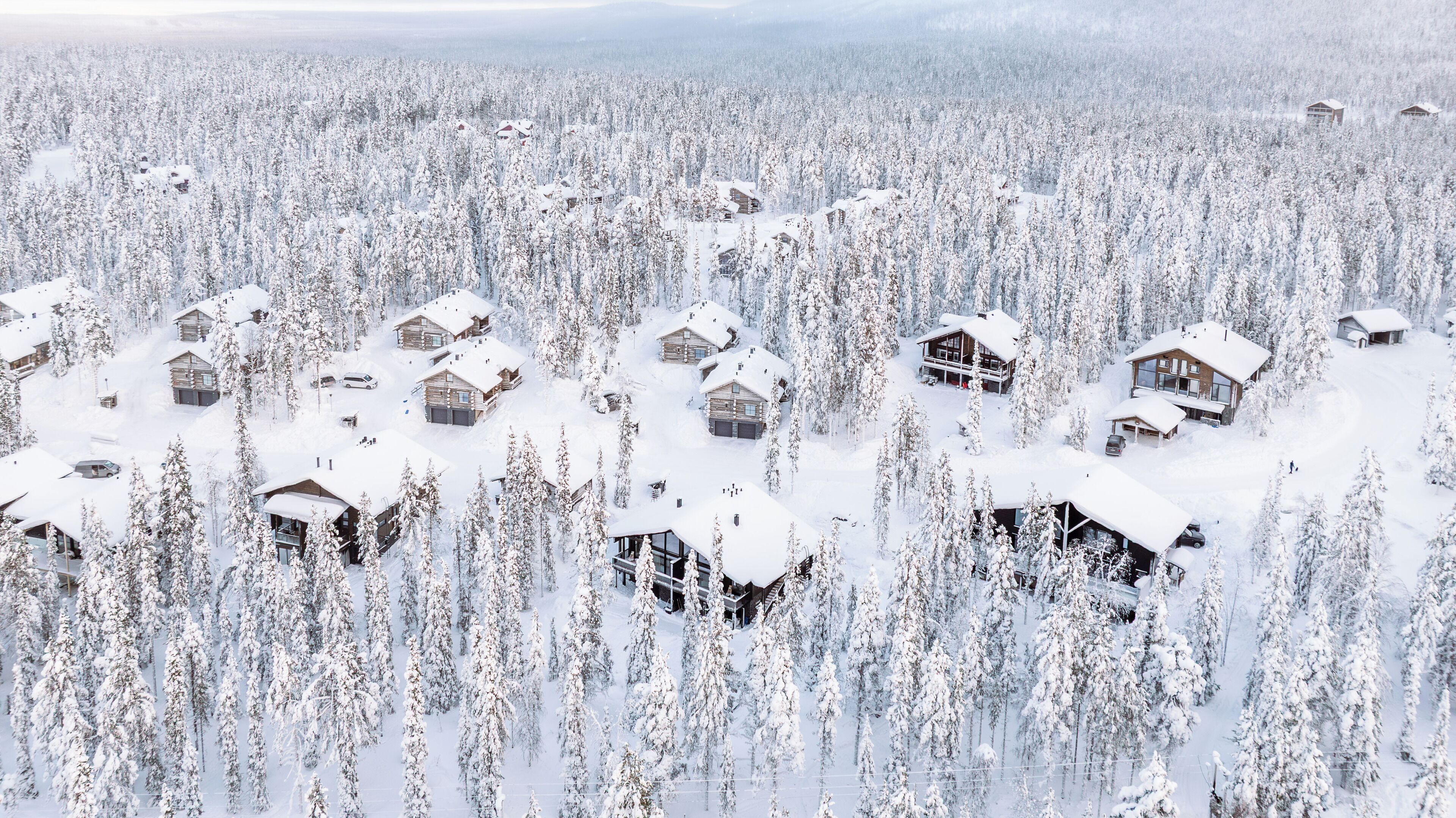 A snow-covered forest with multiple cabins.