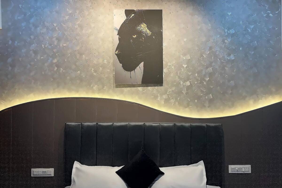 A bedroom with a bed, a headboard, a wall-mounted light fixture, and a power outlet.