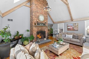 TV, fireplace, books, offices - Barnstable Cape Cod Retreat | Pool, Fire Pit & Modern Comfort (Barnstable)