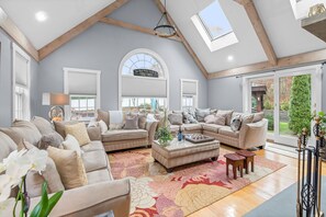TV, fireplace, books, offices - Barnstable Cape Cod Retreat | Pool, Fire Pit & Modern Comfort (Barnstable)