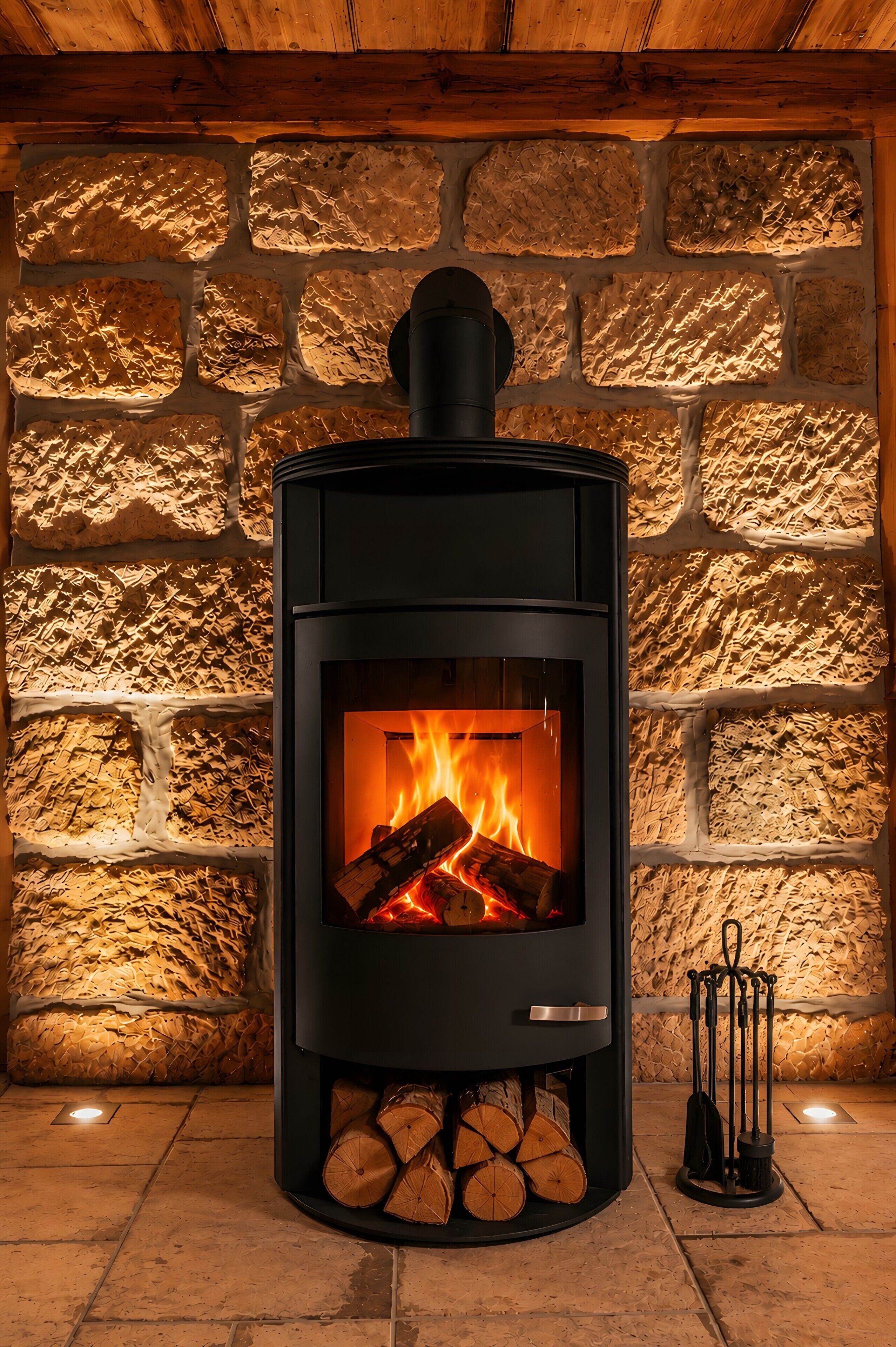 A wood-burning stove with logs in front, set against a stone wall.