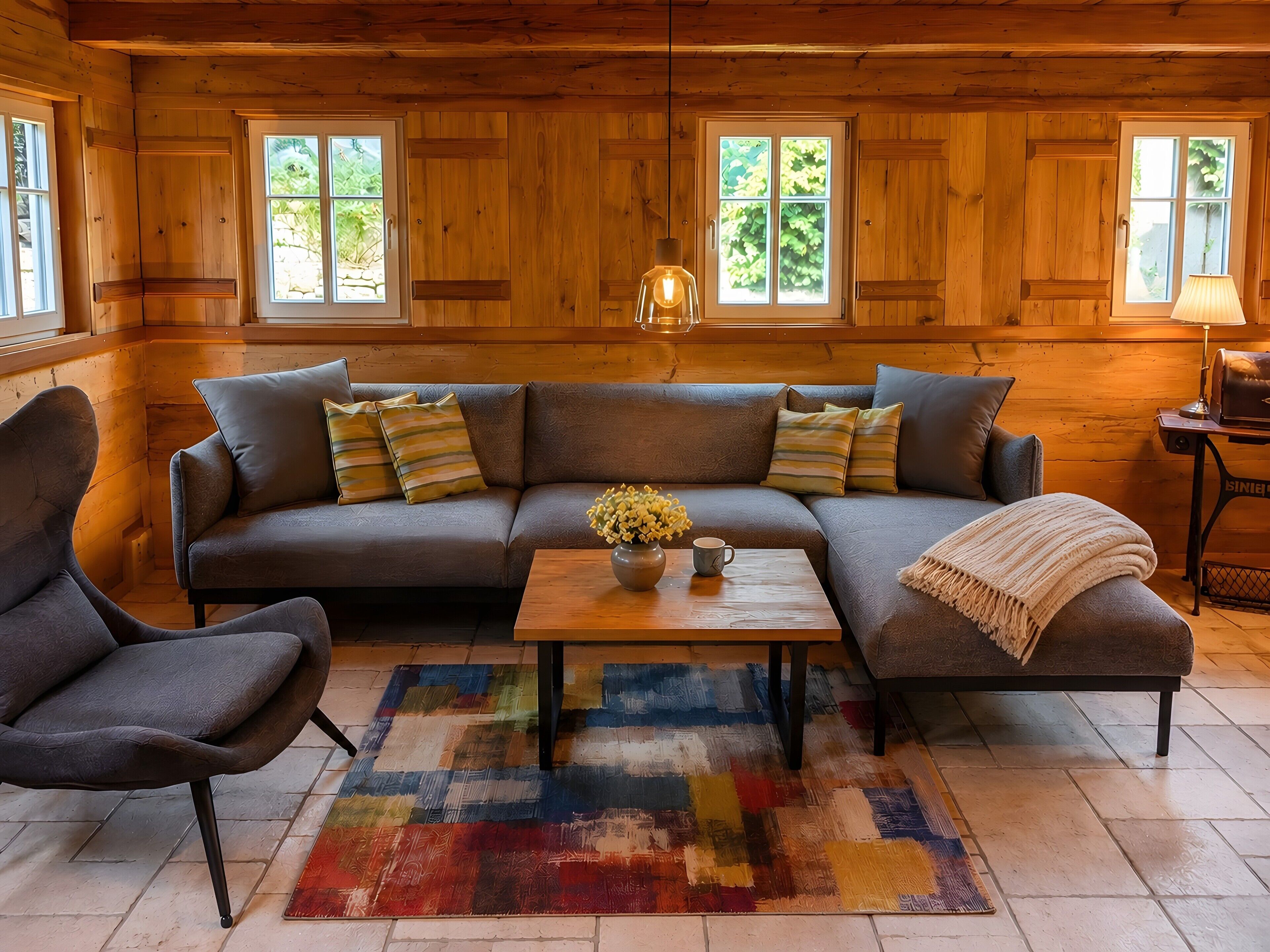 A cozy log cabin interior with a sectional sofa, a coffee table, and a fireplace.