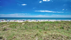 A beach with a clear sky and a grassy foreground. - ⛱️Oceanfront | Two Screened Balconies | 1st Floor Unit | Tilghman Beach 127🌊 (North Myrtle Beach)