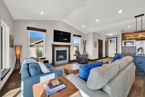 TV, fireplace, books, stereo