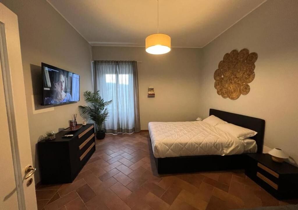 A bedroom with a bed, a TV, a desk, a potted plant, and a decorative wall piece.