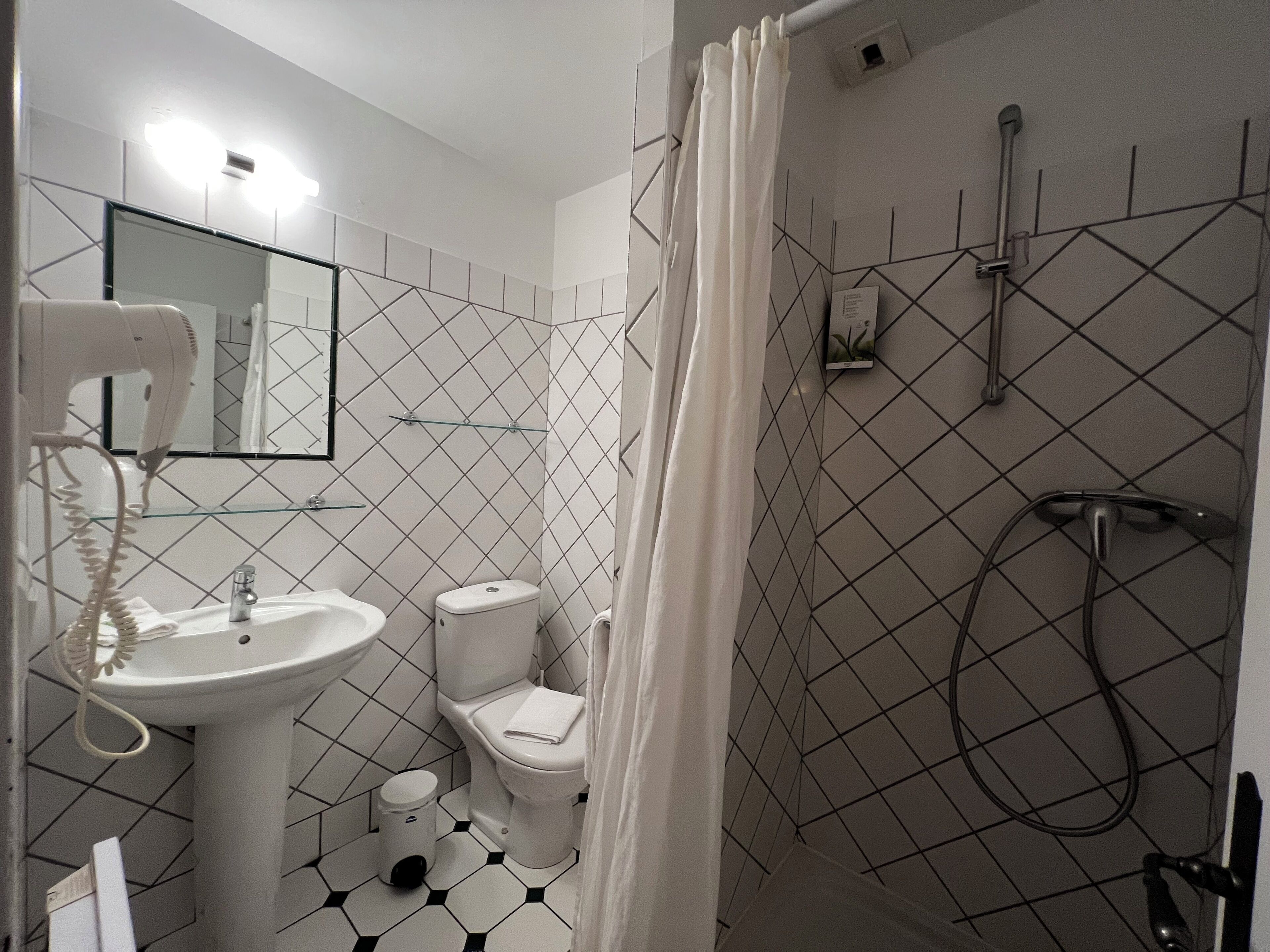 Une salle de bain avec un lavabo, des toilettes et une douche, le tout de couleur blanche. Un miroir est placé au-dessus du lavabo et une pomme de douche au-dessus de la douche.