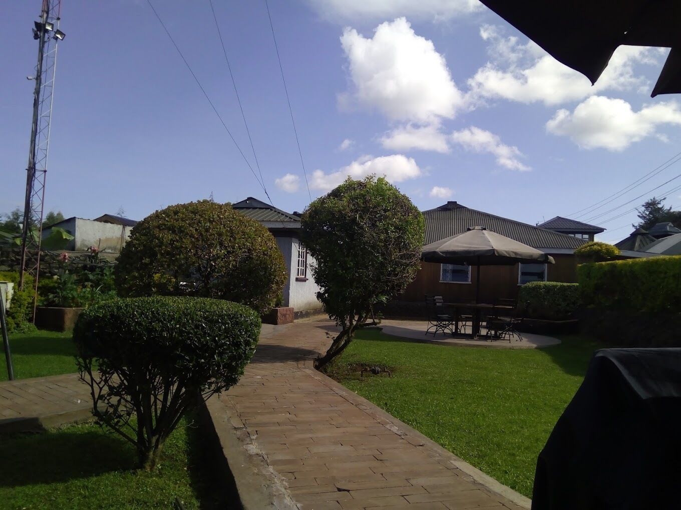 Zona residencial con un sendero pavimentado que lleva a casas, rodeada de céspedes y setos bien cuidados.