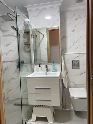 Shower, bidet, towels, soap