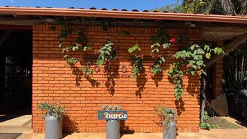 A brick building with a sign reading 'RECEPCAO' and potted plants on the ground.
