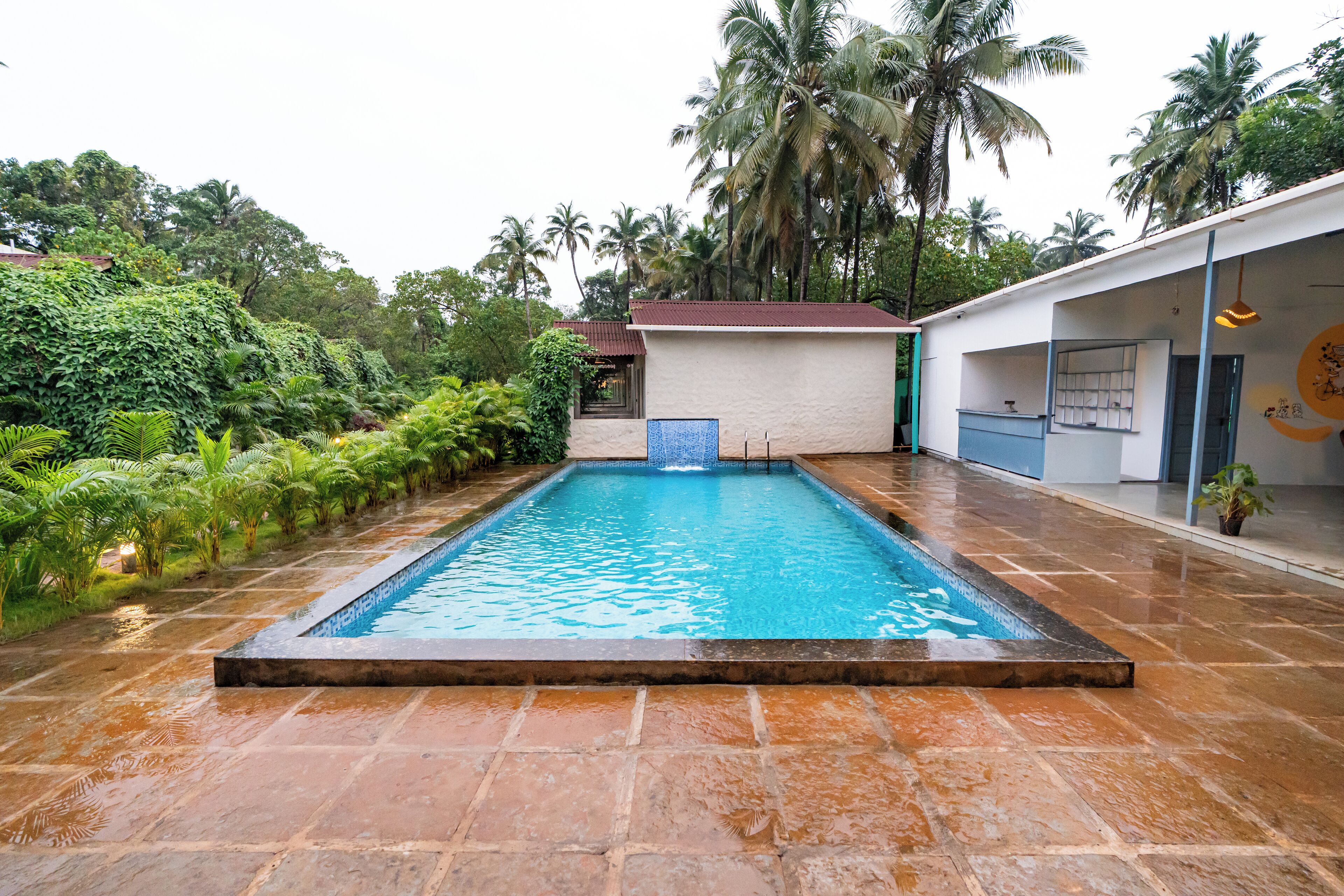 Uma piscina retangular com cachoeira, rodeada por vegetação exuberante e palmeiras.