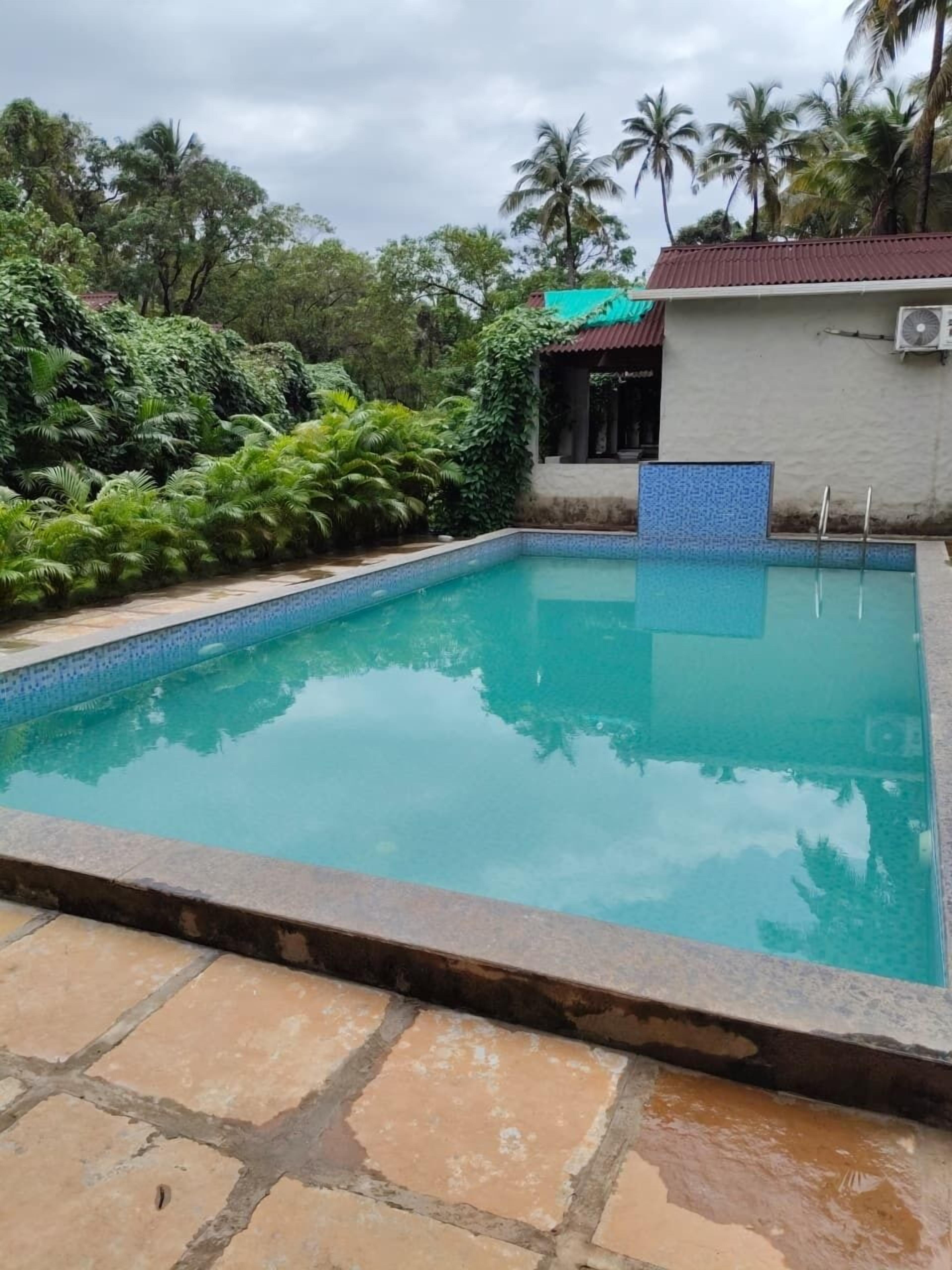 A rectangular swimming pool with a tiled edge, surrounded by stone tiles and lush greenery.