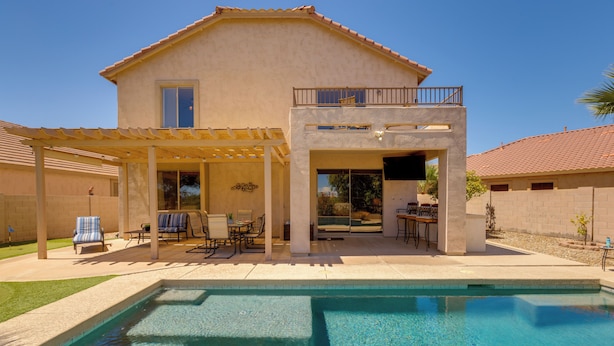 A two-story house with a pool, outdoor seating, and a covered patio. - Private Yard & Fairway View: Phoenix Golf Retreat! (Phoenix)