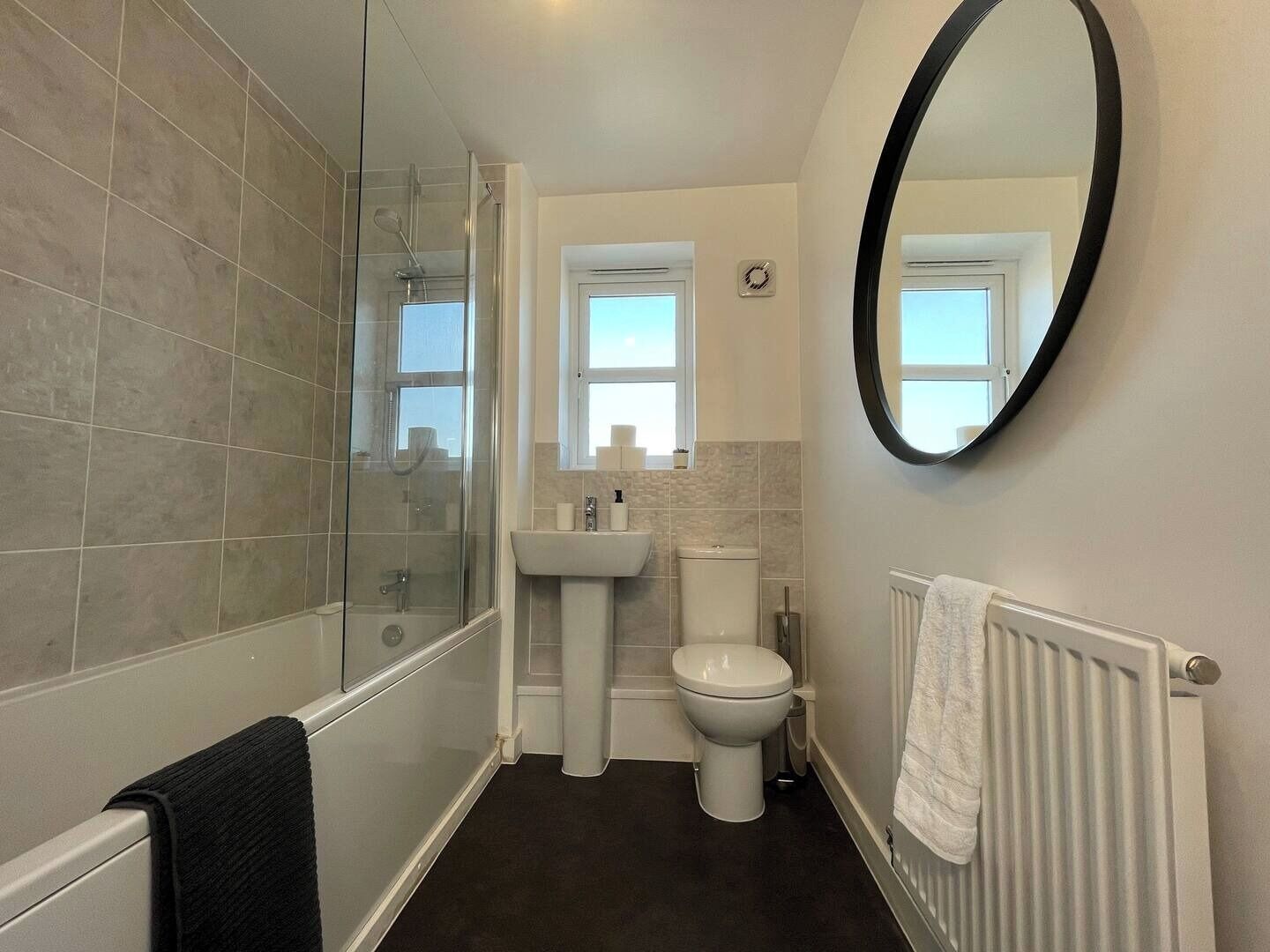 Hair dryer, towels, toilet paper