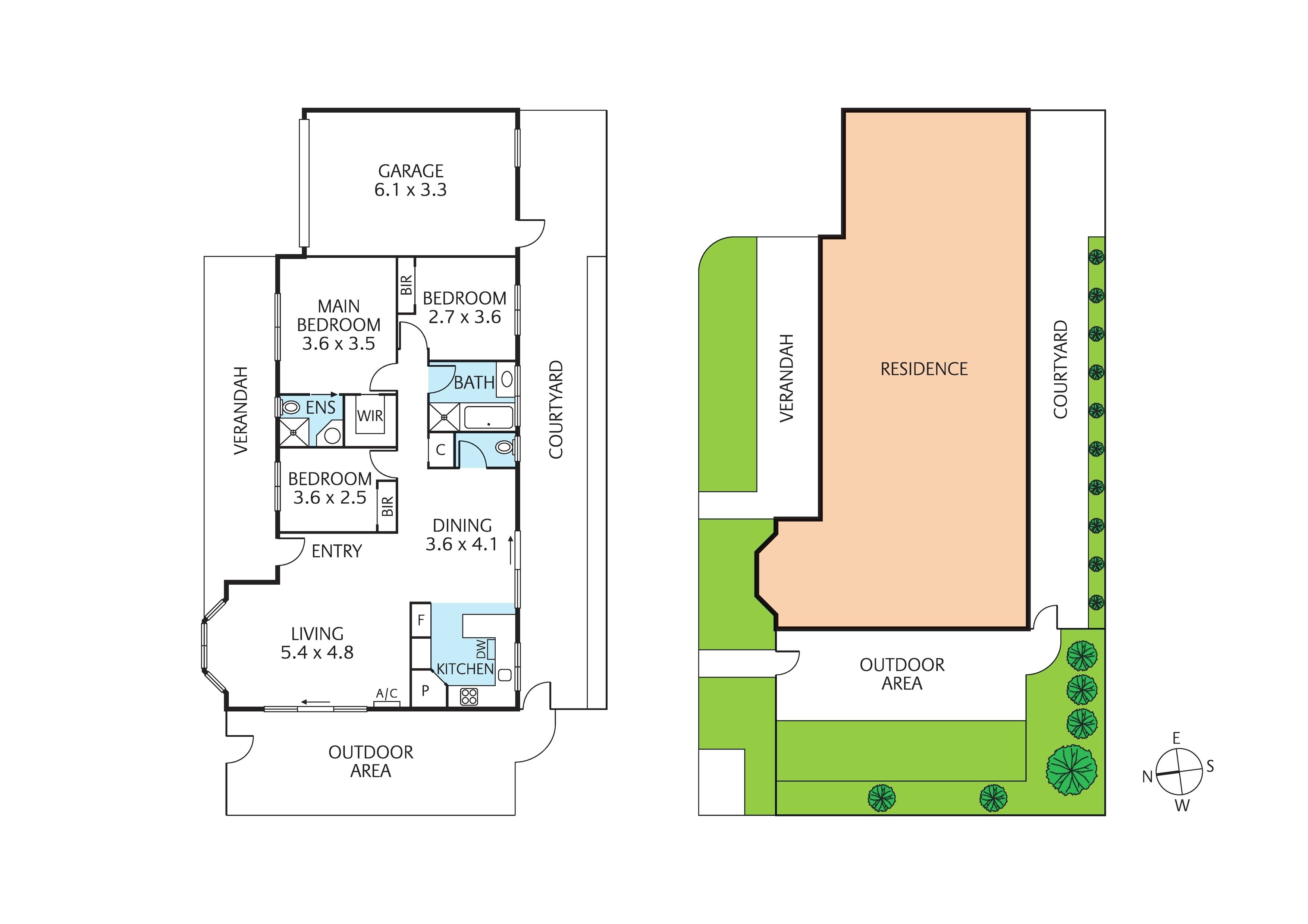 Plan d’étage d’une maison comprenant un garage, une chambre principale, deux chambres, un coin repas, une cuisine, un salon et un espace extérieur.
