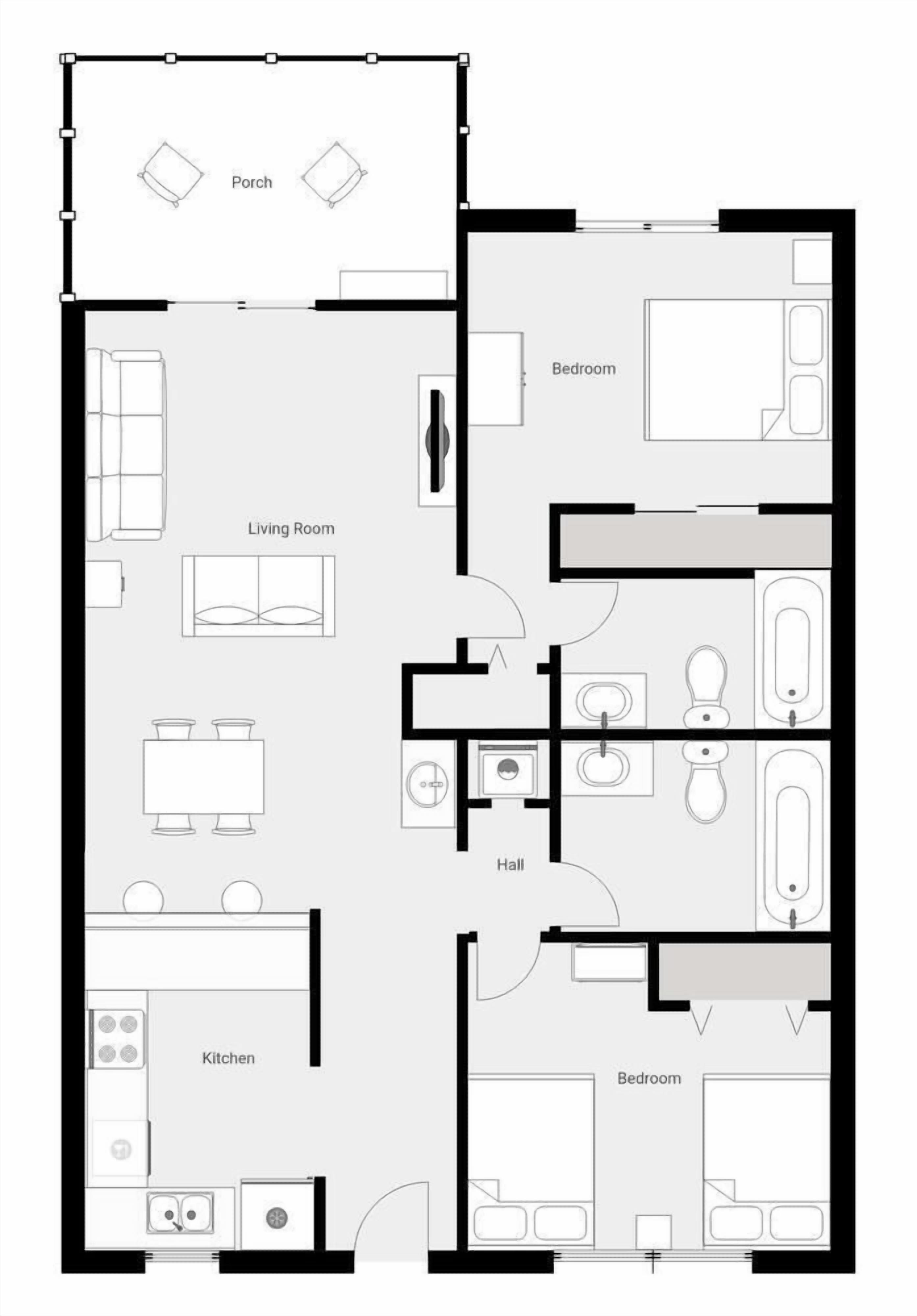 A floor plan with a living room, kitchen, two bedrooms, a bathroom, and a hall.