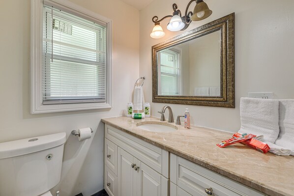 A bathroom with a toilet, sink, vanity, and a large mirror. - Waterfront Home w/ Deck & Yard, 4 Mi to Farmville! (Farmville)