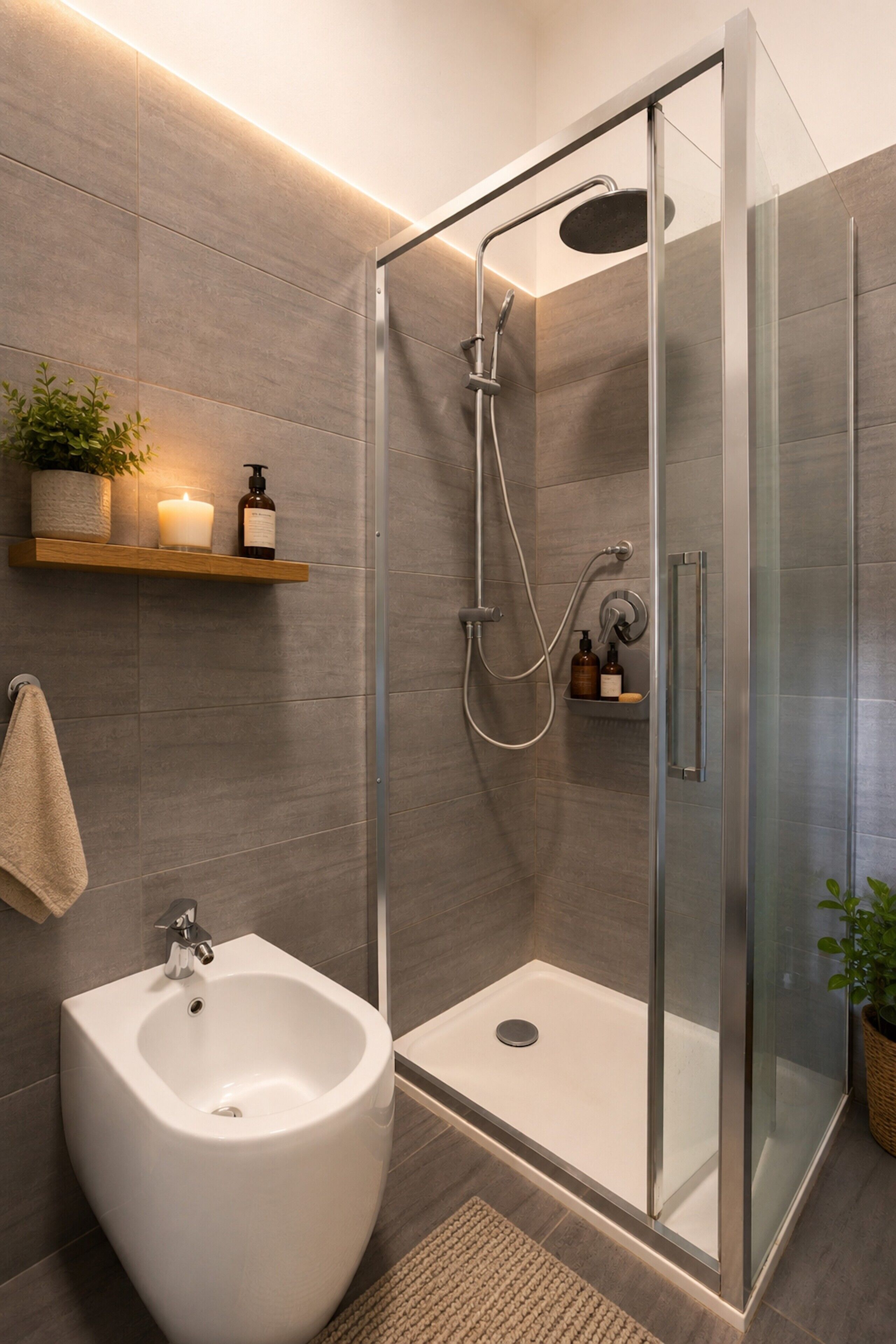 Une salle de bain moderne dotée d’une douche à parois de verre, d’un bidet et d’une étagère où sont rangés les articles de toilette.