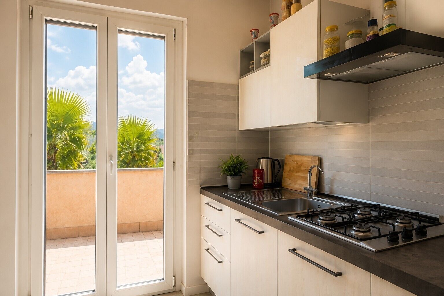 A modern kitchen with a gas stove, a sink, and a potted plant.