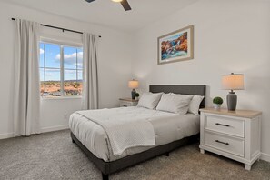 4 bedrooms, laptop workspace, iron/ironing board, cots/infant beds