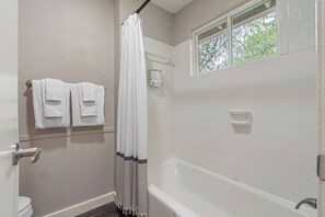 Shower, hair dryer, shampoo