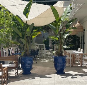 An outdoor patio area with tables and chairs, large potted plants, and a canopy providing shade. - Hotel Murè (Numana)