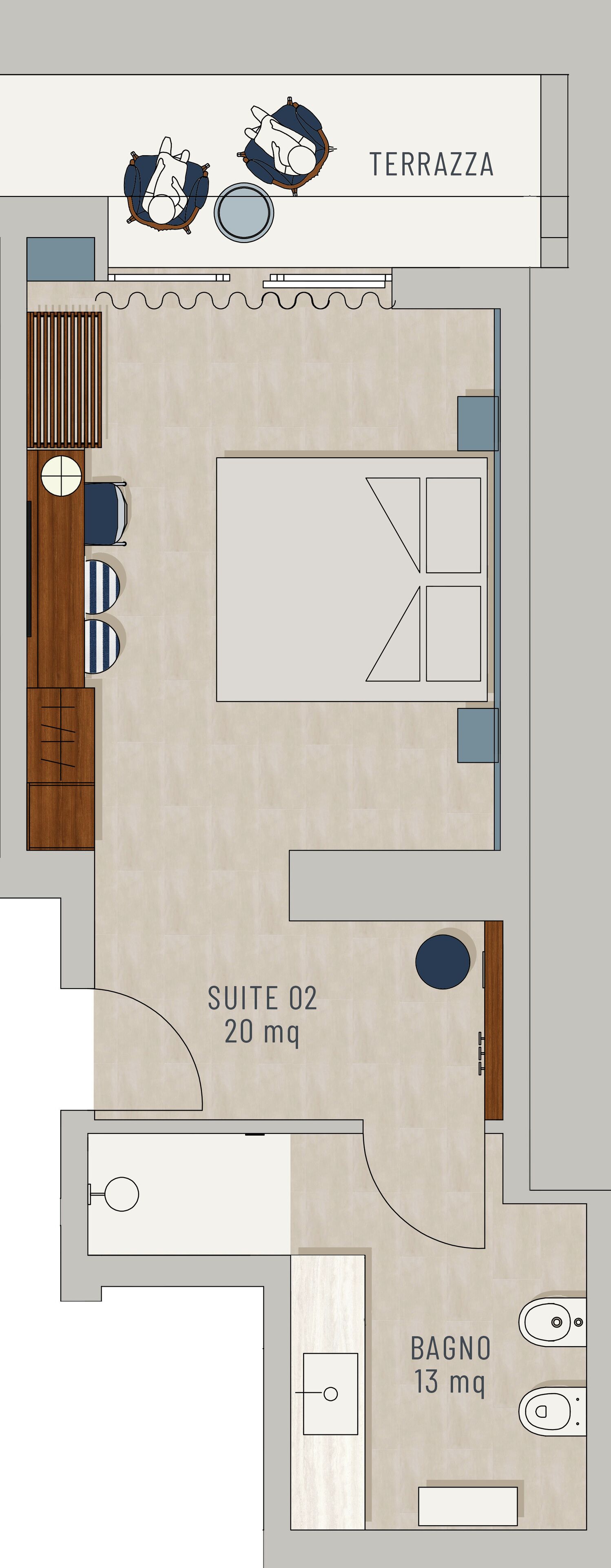 Un hôtel comprenant une terrasse, une suite et une salle de bain.
