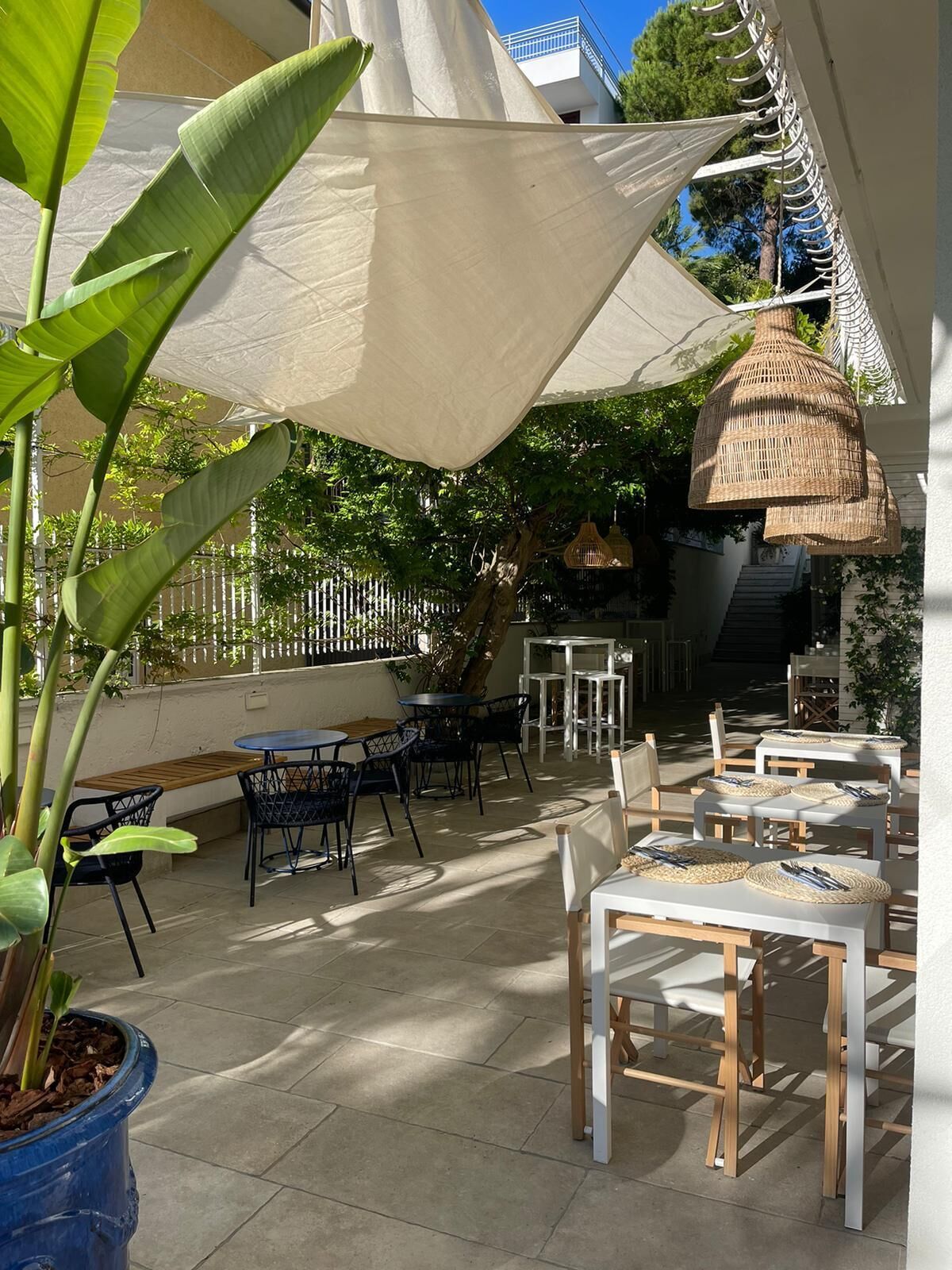 Een terras buiten met tafels en stoelen, een grote plant en een hanglamp.