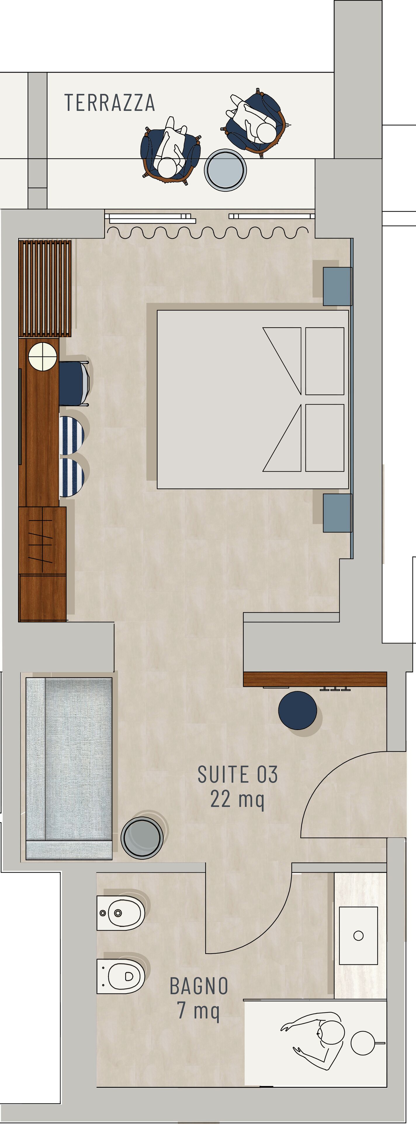 Distribución de un hotel que incluye una terraza, una suite y un baño.