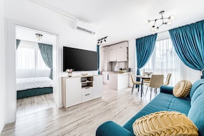Premium Apartment, 1 Bedroom, Balcony | Living area | 40-cm flat-screen TV with cable channels - ARI - AFI Mall Luxurious Apartments (Arad)