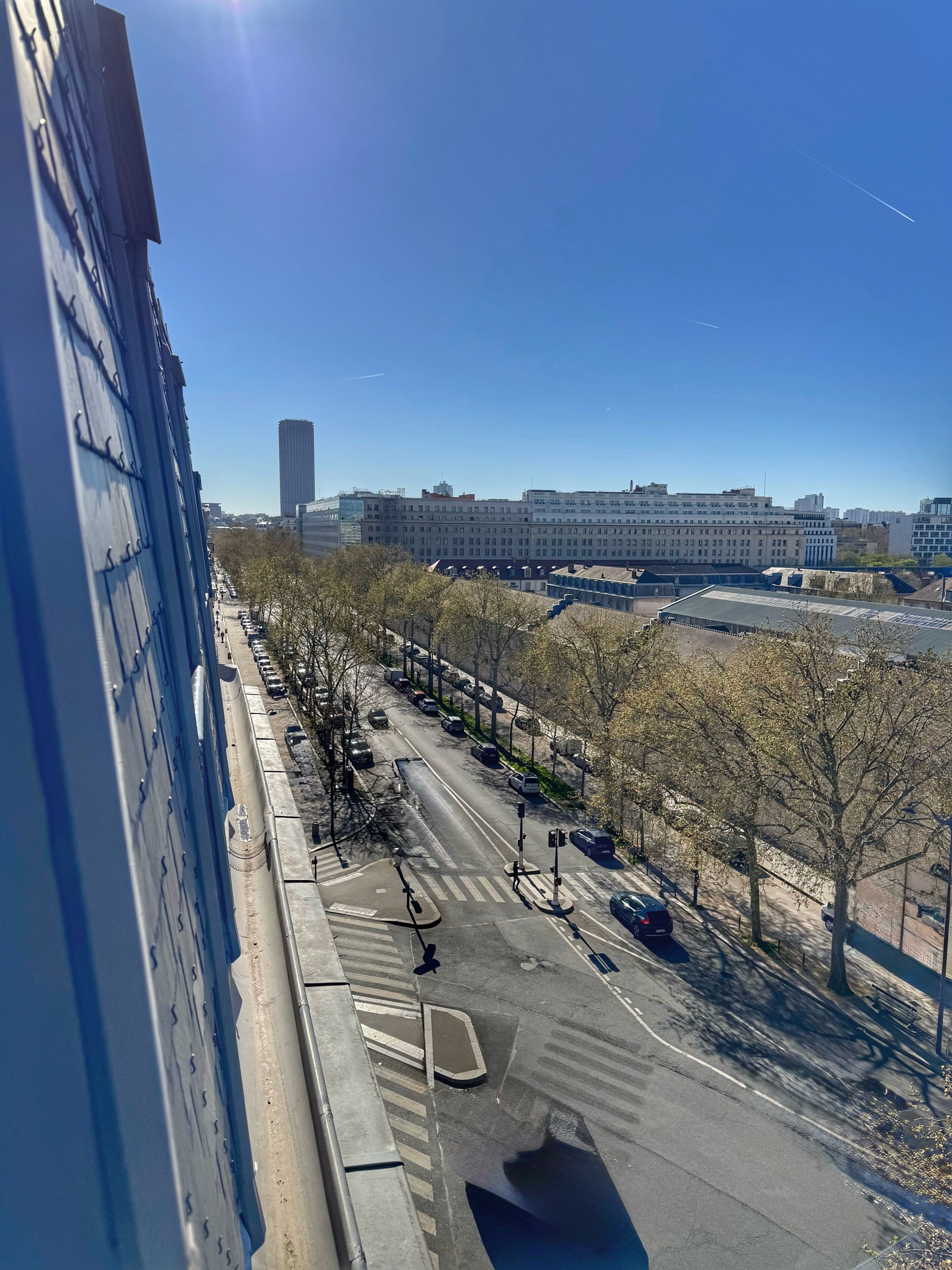 Vista de la calle con cielo despejado, edificios y árboles.