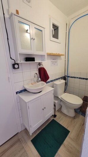Shower, hair dryer, towels, toilet paper