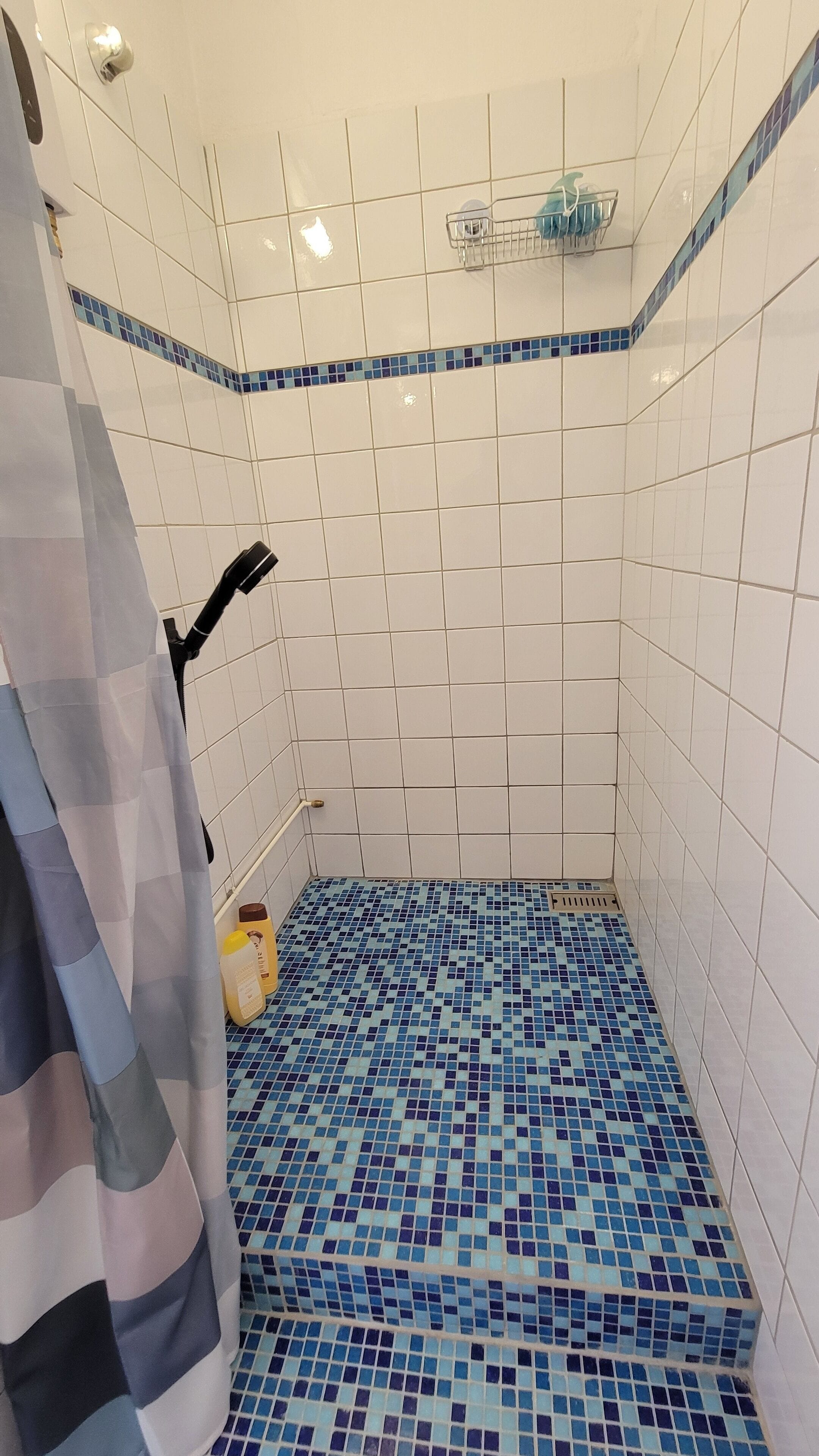 Shower, hair dryer, towels, toilet paper