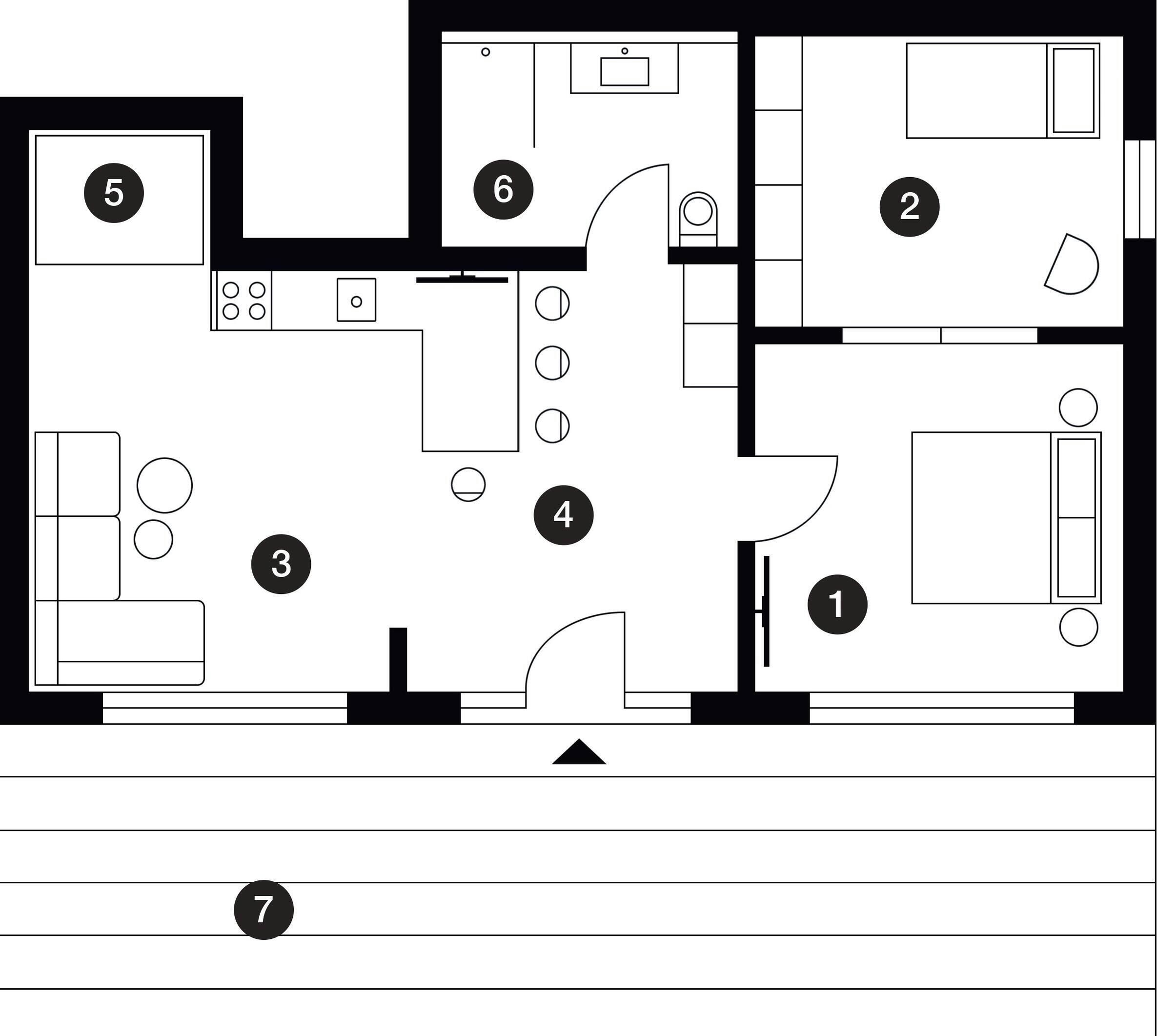 Een plattegrond met genummerde kamers, waaronder een keuken, een badkamer en een woonruimte.