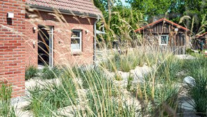A brick building with a red roof, surrounded by tall grasses and trees. - Achterdörn Een – Beautiful Loft for Relaxation (Fehmarn)