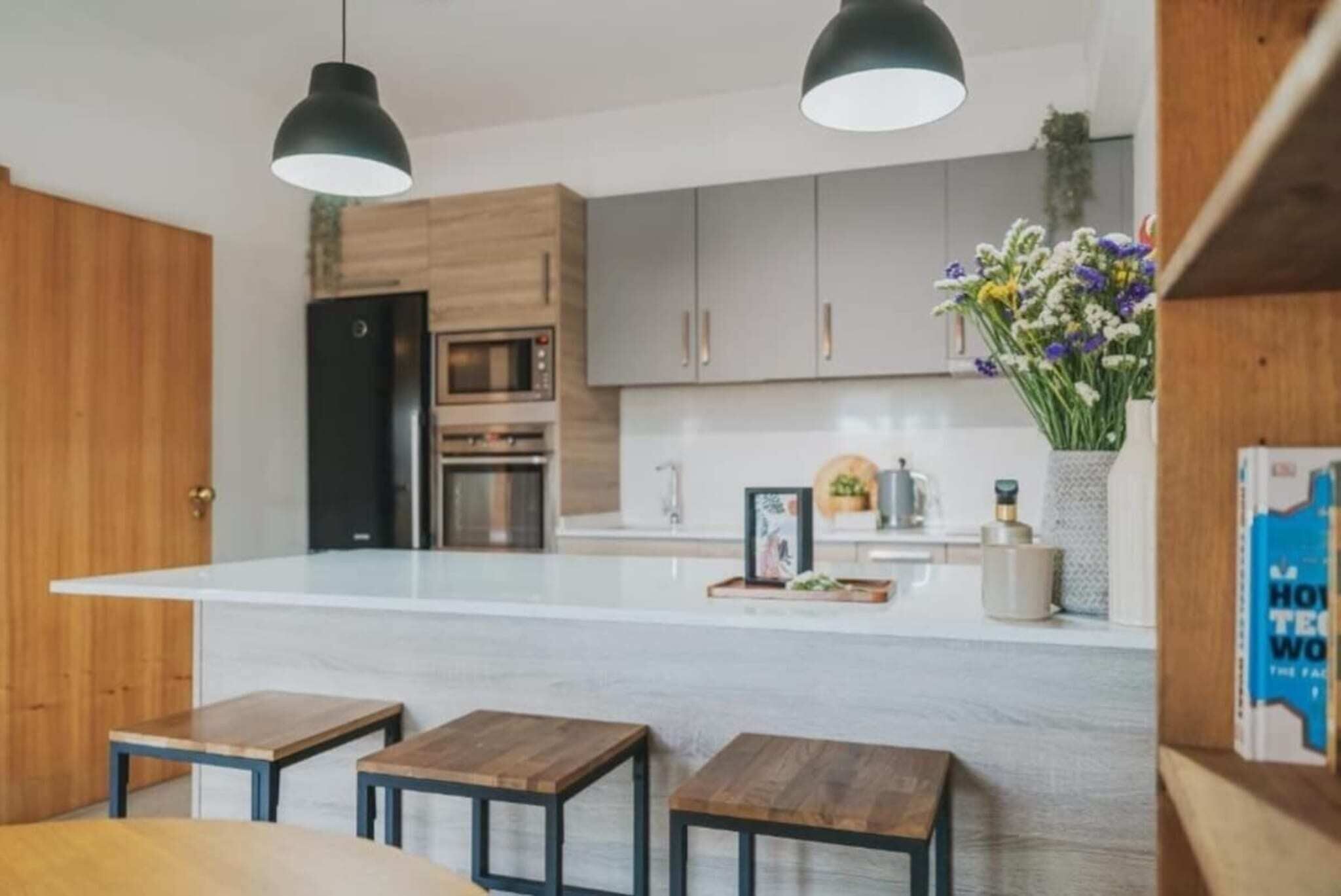 Fridge, microwave, oven, coffee/tea maker