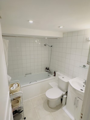 Hair dryer, towels, soap, toilet paper