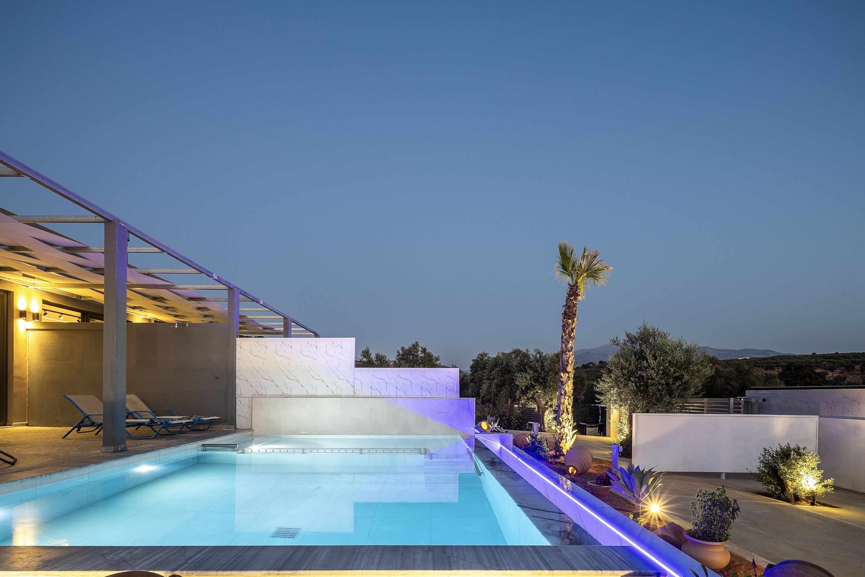 A modern outdoor pool area with a clear blue sky, a pergola with lights, and a palm tree.