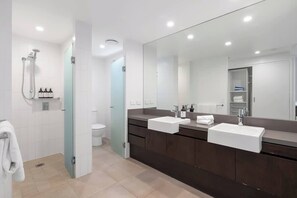 Shower, hair dryer, shampoo