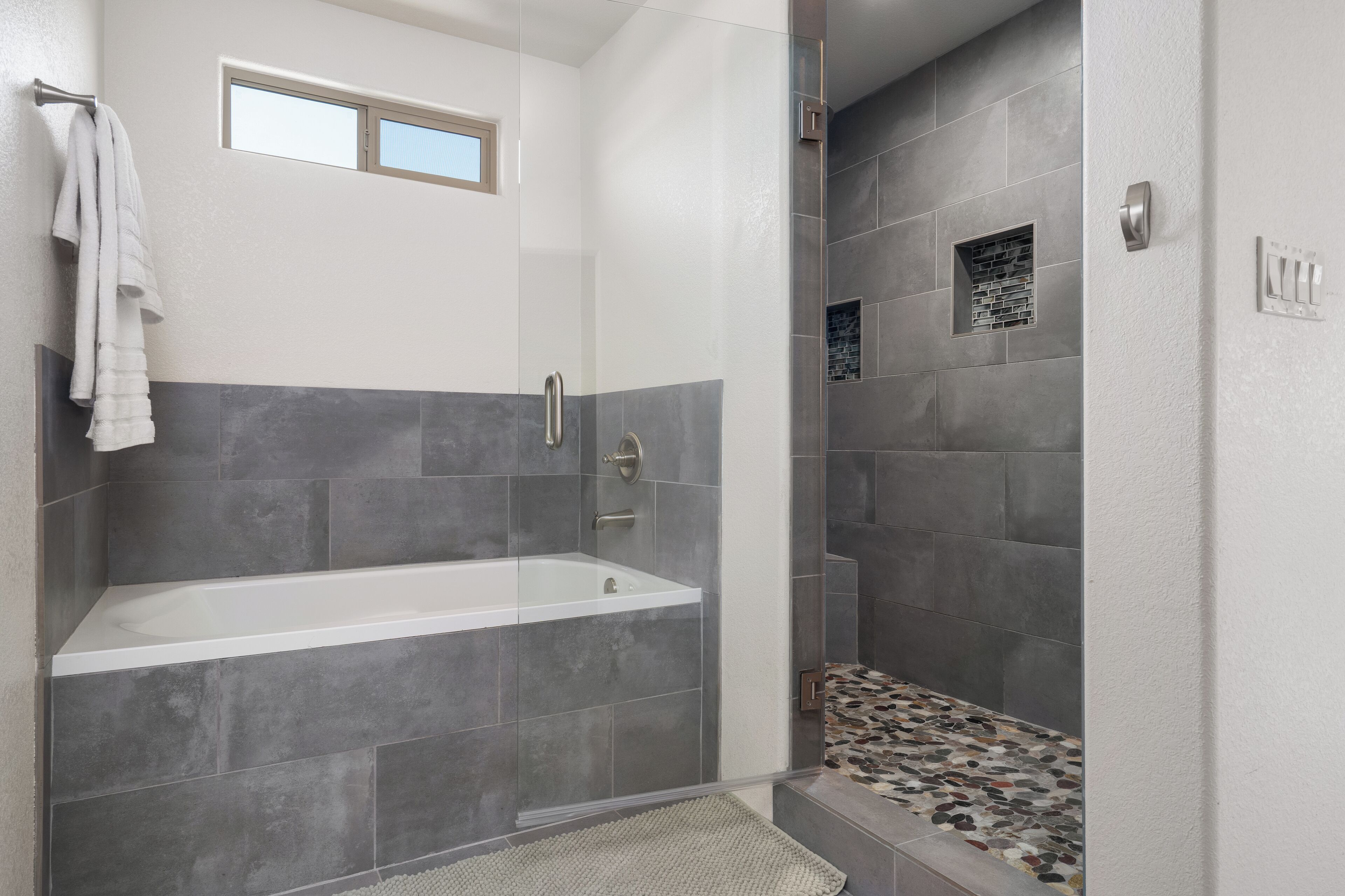 Hair dryer, towels, soap, shampoo