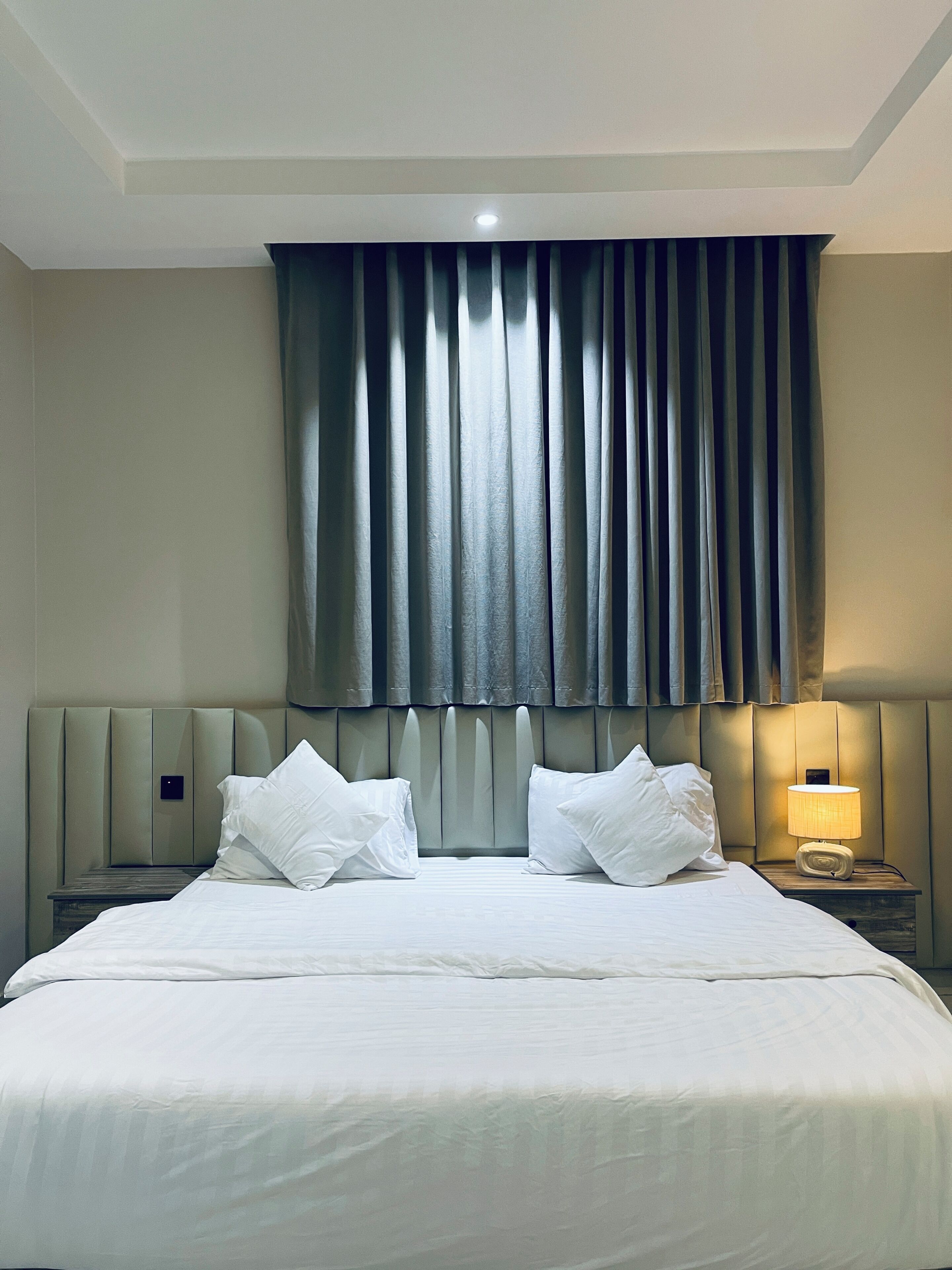 A hotel room with a large bed, two bedside tables, a nightstand with a lamp, and a headboard with vertical panels.