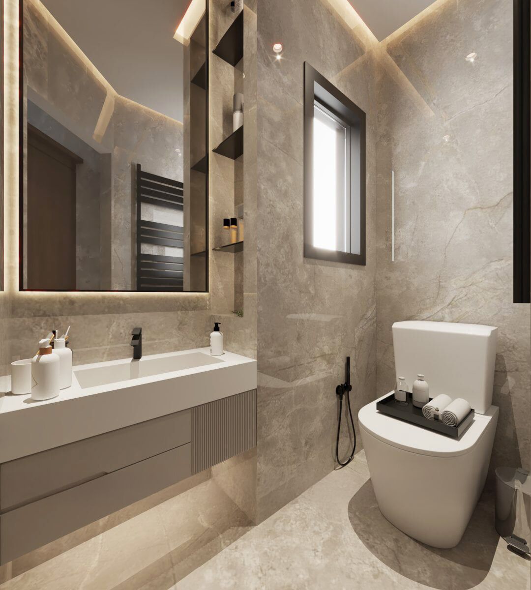 Dusch, hårtork, handdukar och tvål